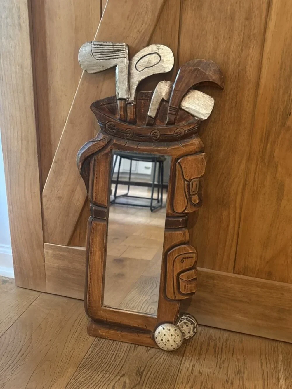 Vintage Wood Golf Bag carved Wall Mirror Decor Clubs And Balls Folk Art Style